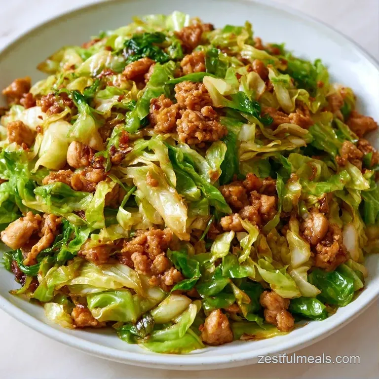 A ceramic bowl of saut&eacute;ed chicken and cabbage topped with toasted sesame seeds and sliced green onions on a wood table.