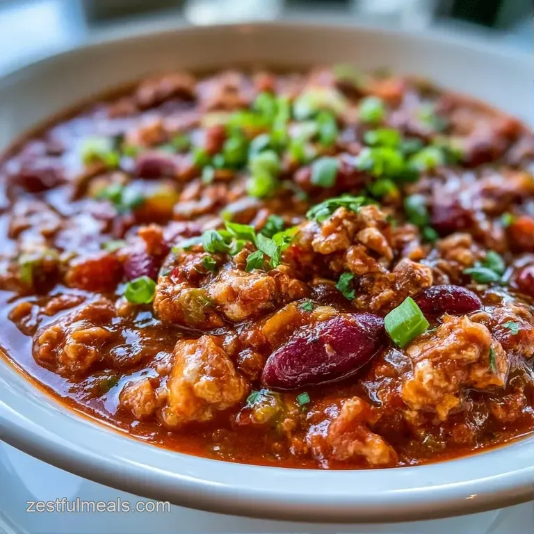 A rustic bowl of chunky red stew topped with a dollop of white sour cream and a sprinkle of fresh green onions.