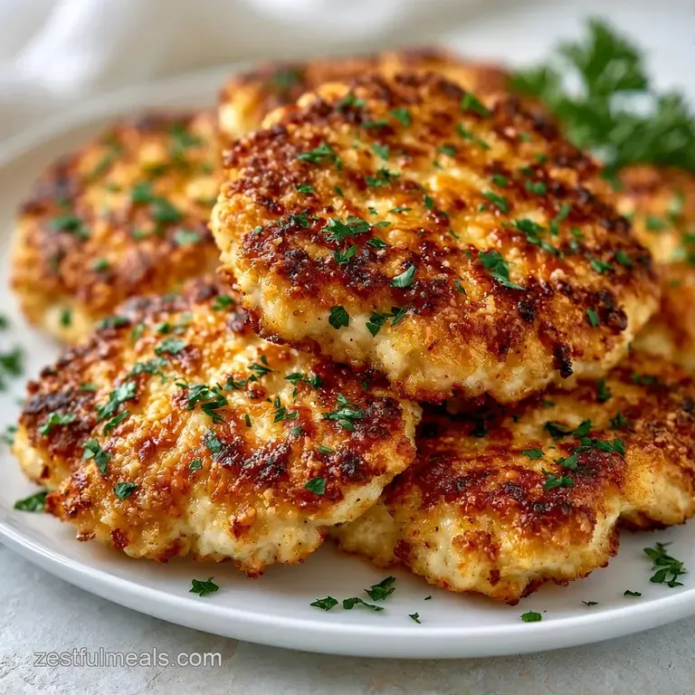 Golden breaded patties topped with melted cheese, served over pasta with a sprinkle of fresh green parsley garnish.