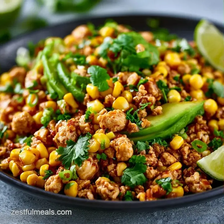 Glass meal prep containers filled with colorful layers of seasoned meat, golden corn, and fresh chopped greens.