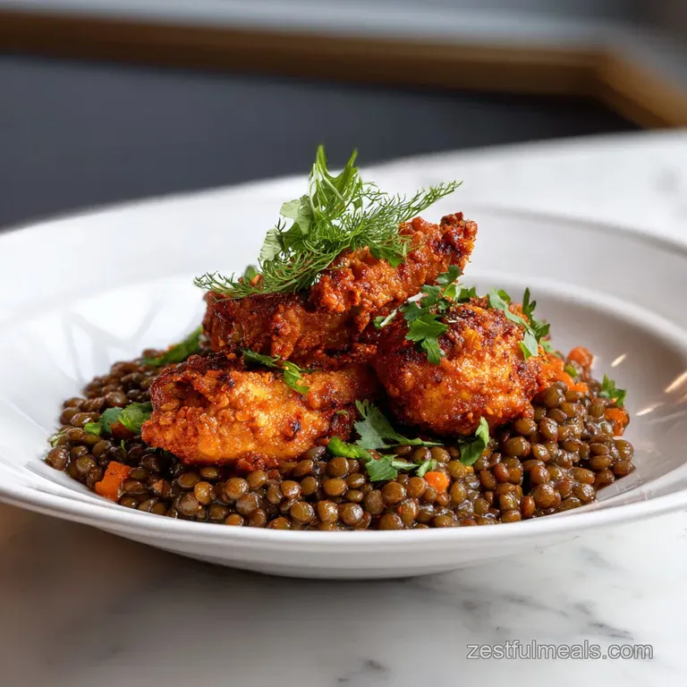 Golden seared chicken atop a bed of earthy lentils, garnished with fresh parsley and a bright lemon wedge.