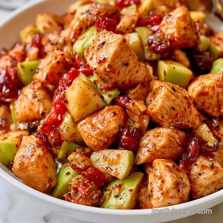 A white ceramic bowl holding a vibrant mix of grilled chicken, crumbled white feta, and toasted golden walnuts.