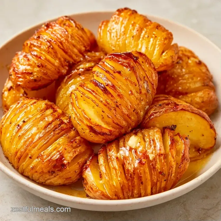 Golden roasted potato rounds arranged on a white platter, garnished with melted butter and sprigs of fresh thyme.