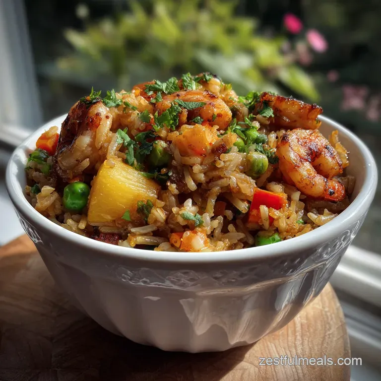 Artfully plated fried rice with a grilled pineapple slice, creating a colorful and inviting tropical food scene.