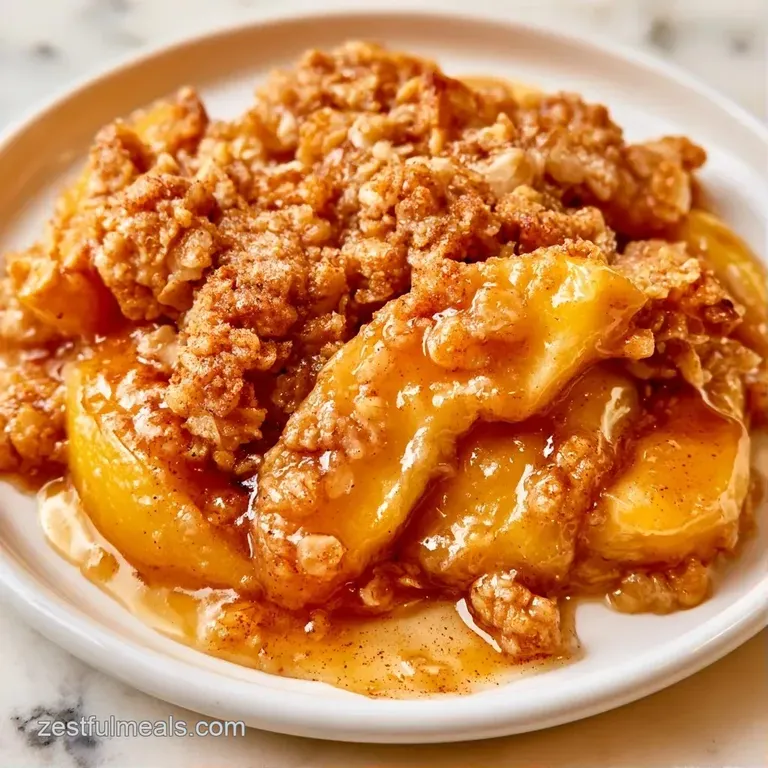 A scoop of warm fruit crumble topped with melting vanilla bean ice cream and a drizzle of amber maple syrup.