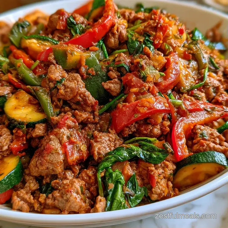 Hearty ground beef and mixed vegetables artfully plated in a white bowl, topped with a sprig of fresh green parsley.