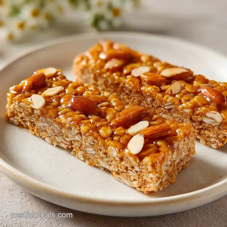 Neatly sliced toasted oat bars on a white ceramic plate, garnished with a honey drizzle and a few fresh blueberries.