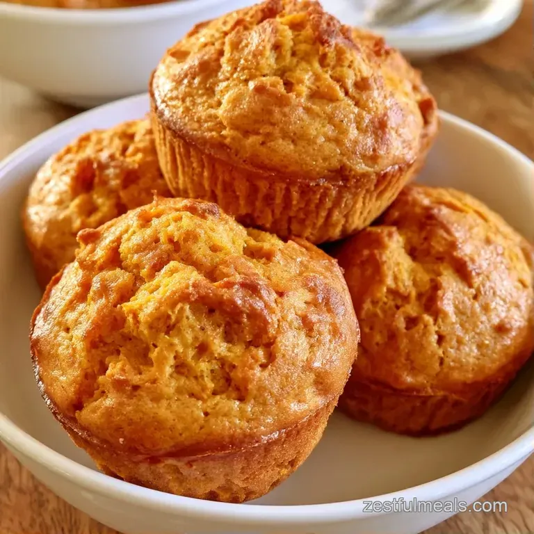 Three golden-brown muffins arranged on a white ceramic plate with a light honey drizzle and cinnamon dust.