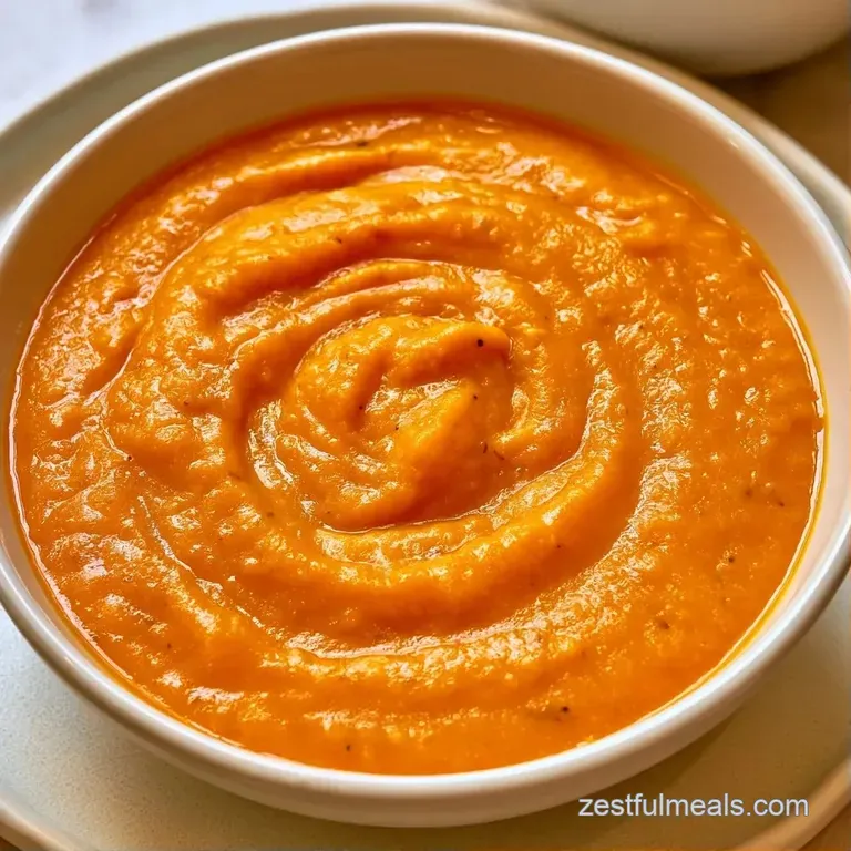 Vibrant orange puree in a white ceramic bowl topped with a drizzle of cream and toasted pumpkin seeds.
