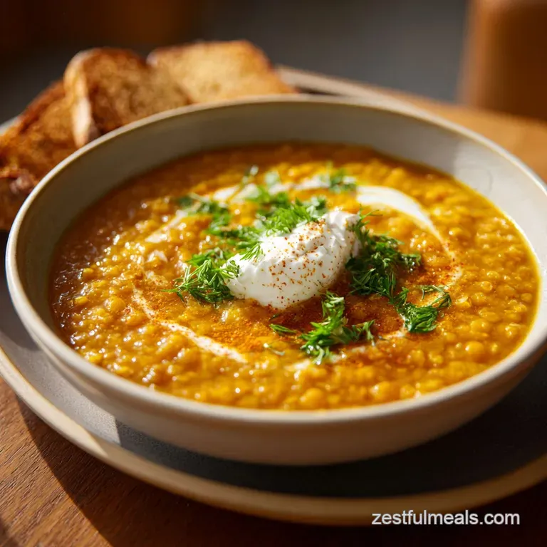 A steaming bowl of lentil soup, garnished with fresh herbs. The rustic presentation makes it look warm and inviting.