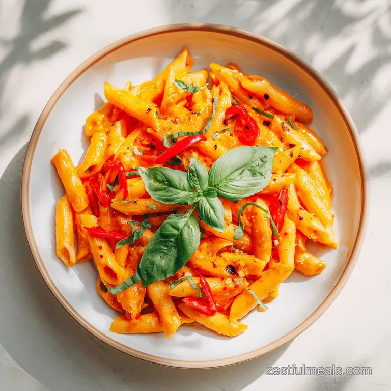 A generous portion of bright red pepper pasta elegantly twirled on a white plate, with a subtle sheen.