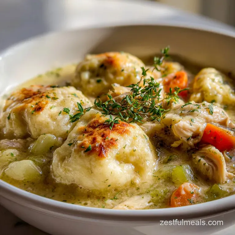 A deep bowl filled with steaming chicken and dumplings; fluffy, tender dumplings nestled among shredded chicken and a crea...