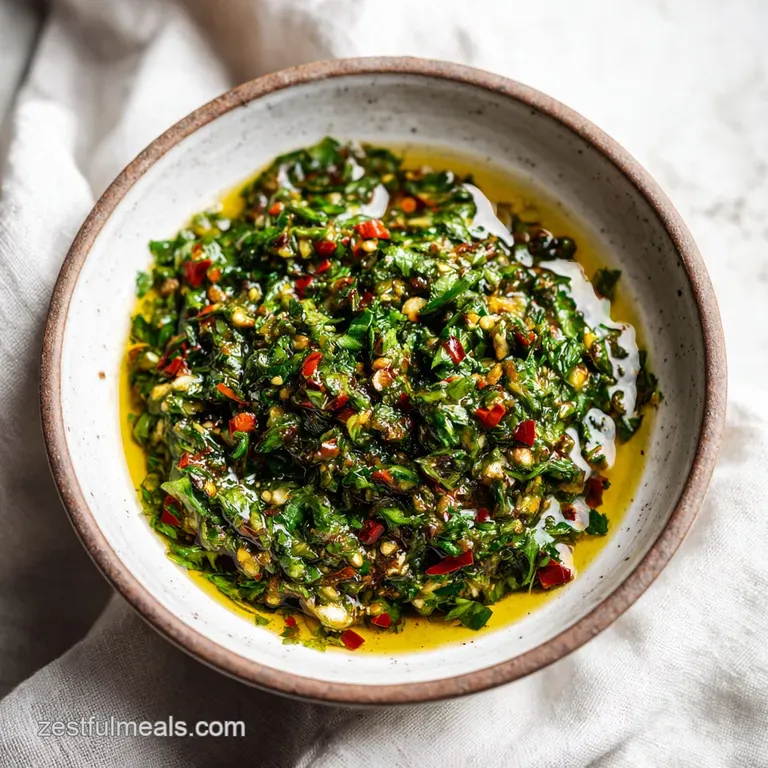 A rustic wooden board showcasing grilled steak drizzled generously with bright, herbaceous chimichurri.