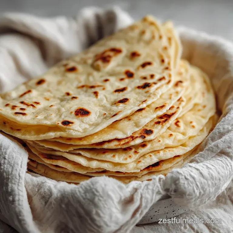 Close-up of a soft, pliable flour tortilla showing its delicate texture. Lightly toasted, hinting at homemade goodness.