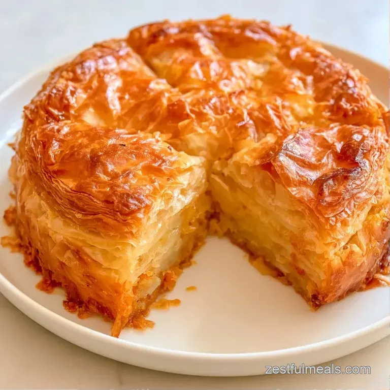 A stack of buttery, translucent pastry layers with crisp, golden edges served on a minimalist white ceramic plate.