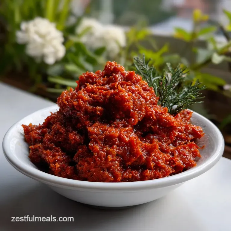 Swirl of deep red pepper paste artfully arranged on a white plate. Hints of oil shine, with a slightly rough, appealing te...