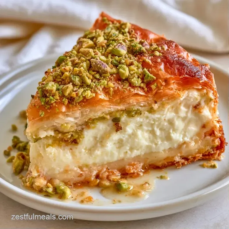 A precise slice on a white plate, topped with crushed pistachios and a drizzle of shimmering golden honey syrup.