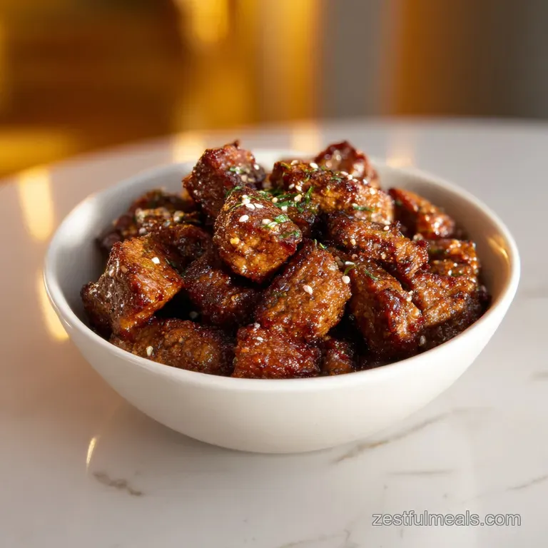 Golden-brown steak bites arranged artfully with vibrant green scallions on a white plate.