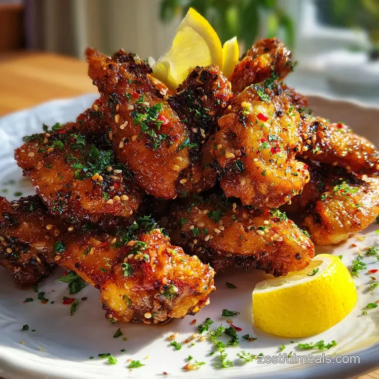 Pile of crispy honey-lemon pepper wings on a rustic plate, garnished with lemon wedges. Served on a wooden cutting board.