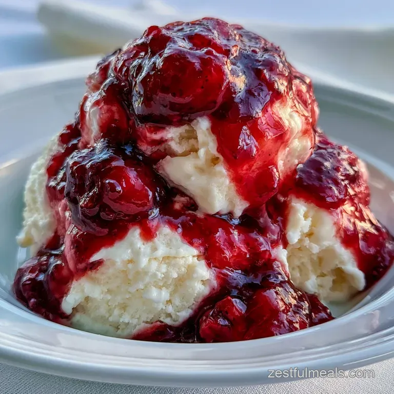 Shimmering crimson fruit syrup swirling around ivory ice cream in a crystal coupe, garnished with a fresh mint leaf.