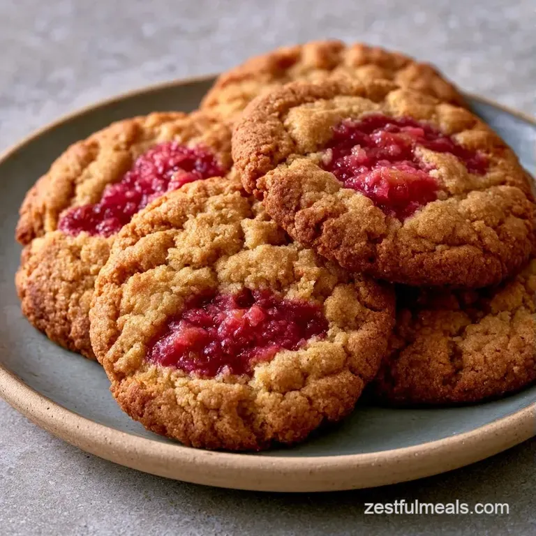 Soft golden cookies featuring vibrant pink jammy centers arranged neatly on a white platter with a linen napkin.