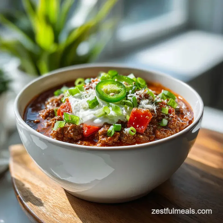 A single, comforting bowl of chili, topped with melted cheese, sits on a rustic wooden table. A vibrant, satisfying presen...