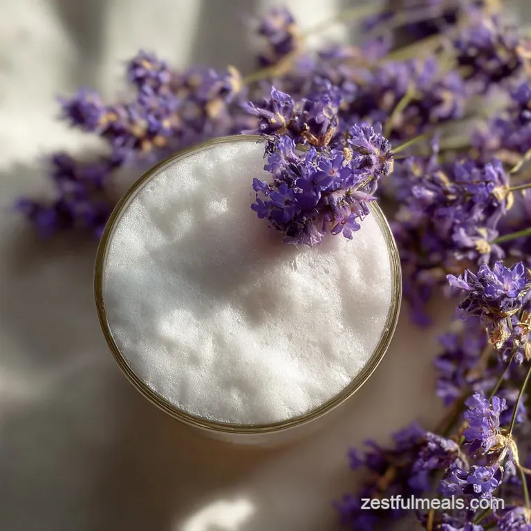 Elegant, chilled glass of iced coffee topped with lavender cold foam, a perfect pour. The creamy foam subtly drips over th...