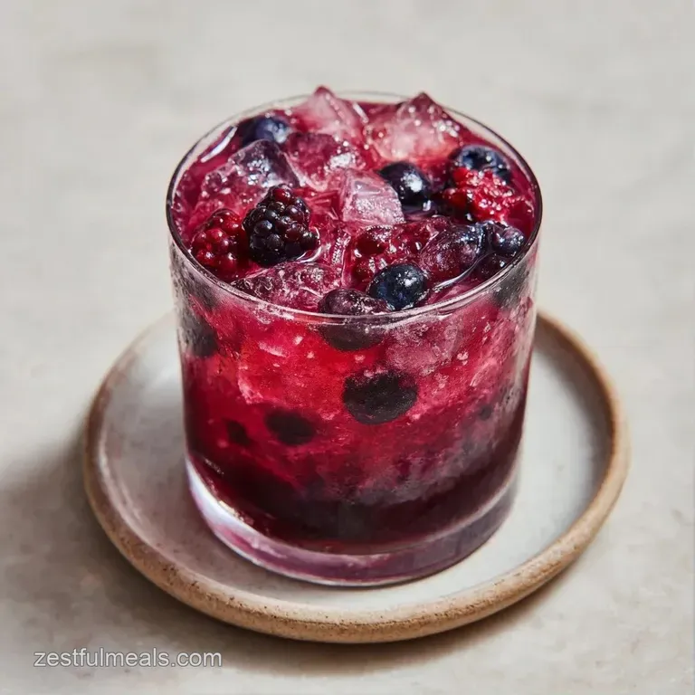 Deep purple muddled berries served in a crystal goblet with a fresh mint sprig and a dusting of white sugar crystals.