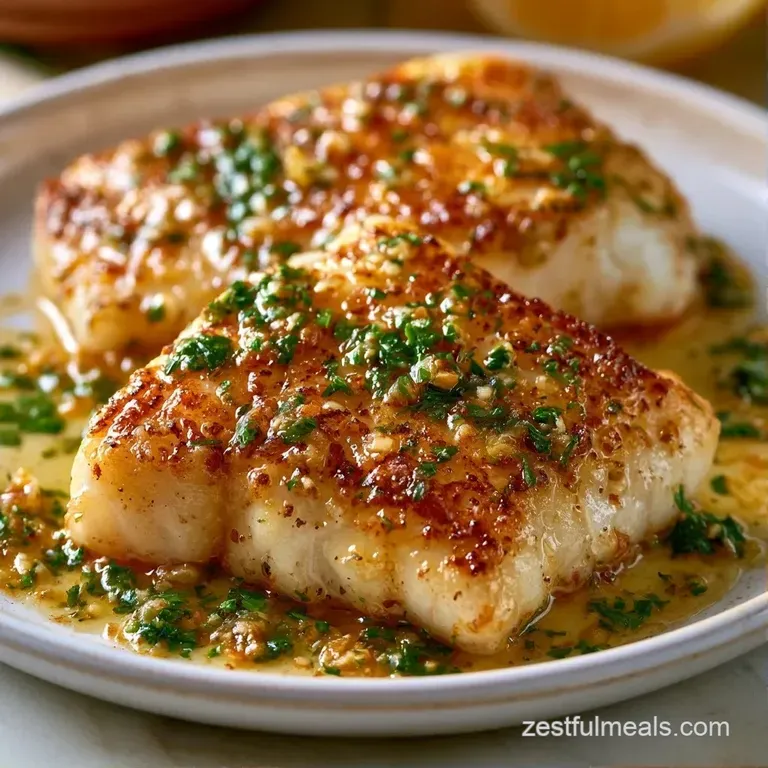 Pan-seared white fish fillets drizzled in glossy butter, garnished with parsley and lemon on a minimalist plate.