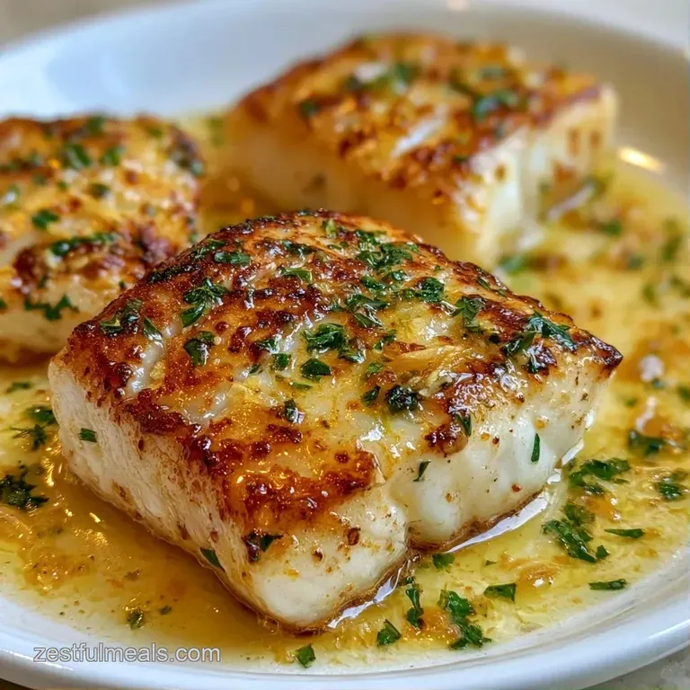 Pan-seared white fish fillet on a white ceramic plate, drizzled with glossy butter sauce and fresh green herbs.