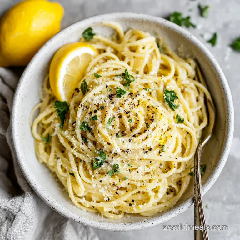 A swirl of lemon parmesan pasta artfully arranged on a white plate, topped with fresh parsley.