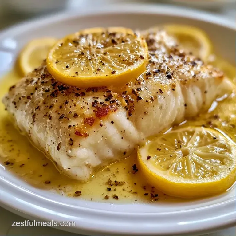A seared white fish fillet garnished with fresh parsley and lemon slices beside steamed asparagus and fluffy rice.