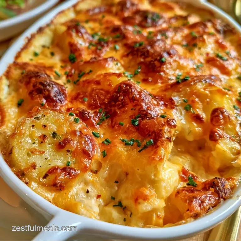 A creamy scoop of potato bake on a white plate, garnished with sliced scallions and a sprinkle of smoked paprika.