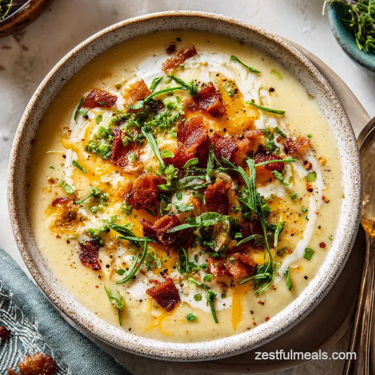 A rustic white bowl brimming with hearty potato soup, topped with chives and a dollop of sour cream.