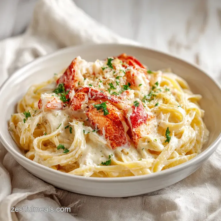 A swirl of creamy seafood alfredo, topped with vibrant green parsley and a sprinkle of red pepper flakes on a clean white ...