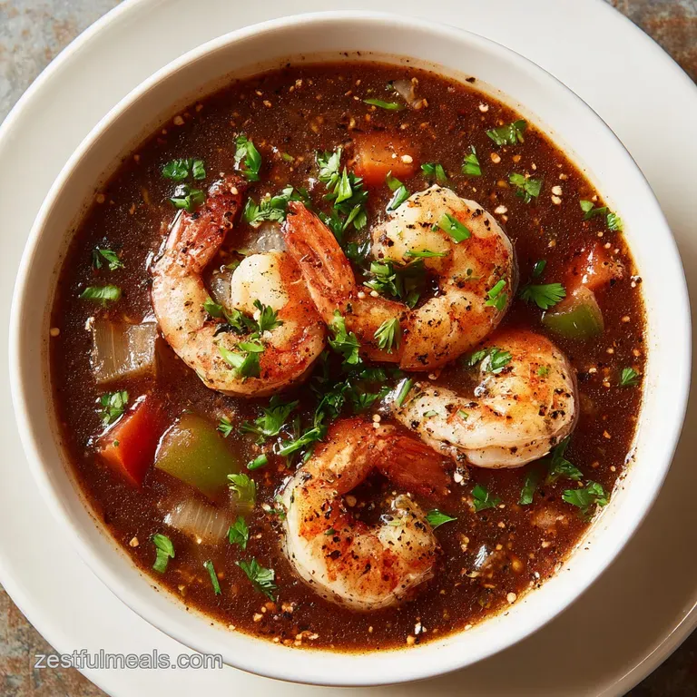 A vibrant ladleful of gumbo showcasing plump shrimp and smoky sausage in a rustic bowl