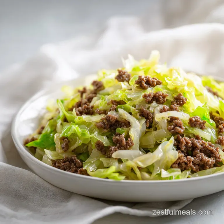 Neatly plated minced beef and cabbage in a white bowl, garnished with fresh sliced green onions and sesame seeds.