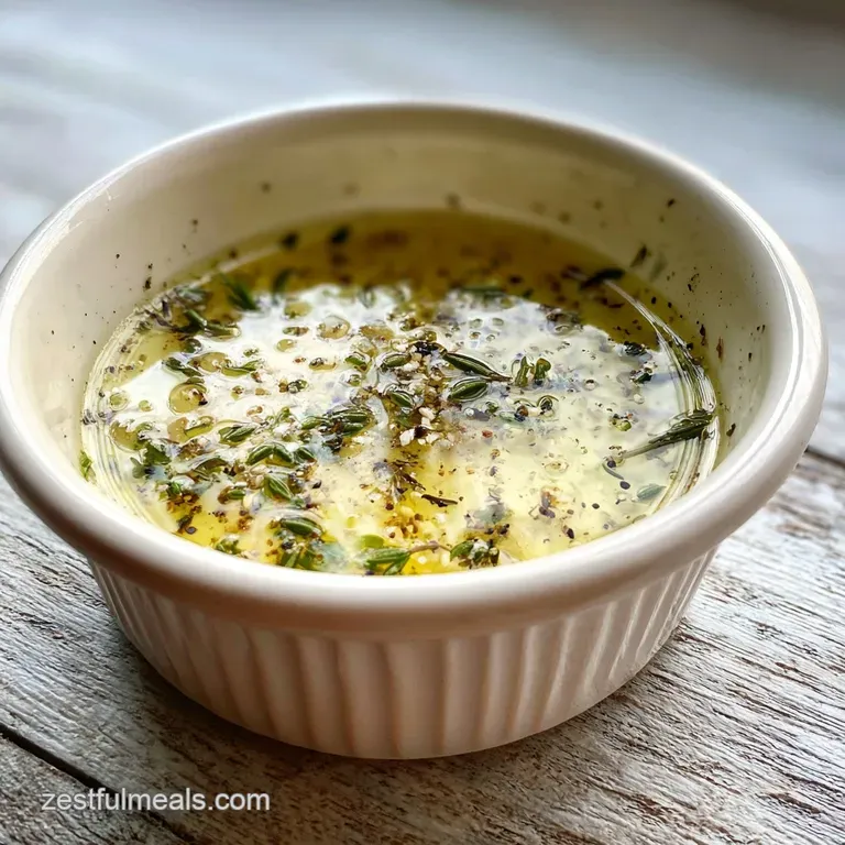 Salad greens glistening with bright dressing, peppered with herbs; elegant glass cruet beside a simple white bowl.