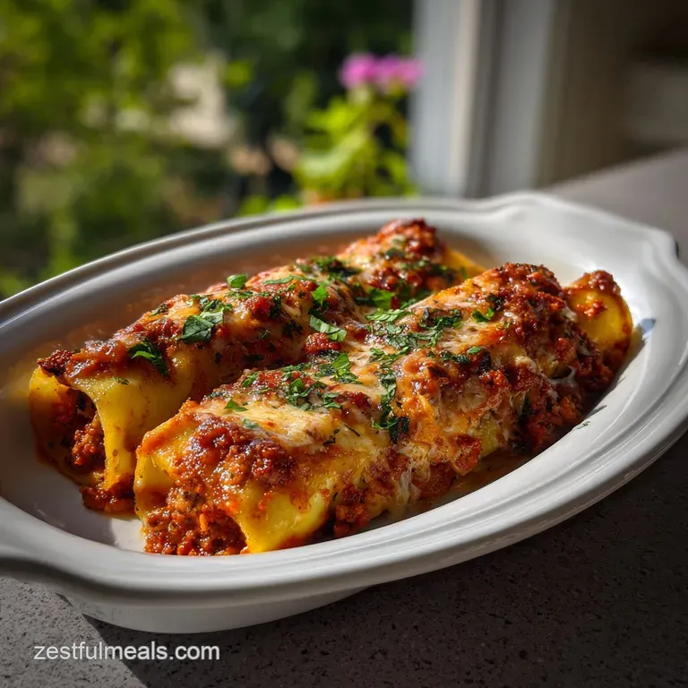 Elegant plate with manicotti, vibrant red sauce, and a sprinkle of herbs. The creamy filling peeks out of the pasta tubes.