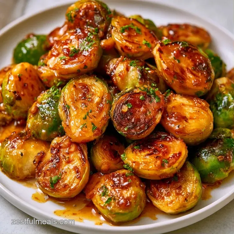Neatly piled roasted sprouts with a glistening maple glaze, garnished with toasted walnuts on a dark slate platter.
