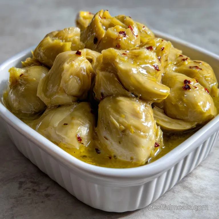 Elegant arrangement of marinated artichoke hearts on a white ceramic plate, drizzled with olive oil and sprinkled with her...