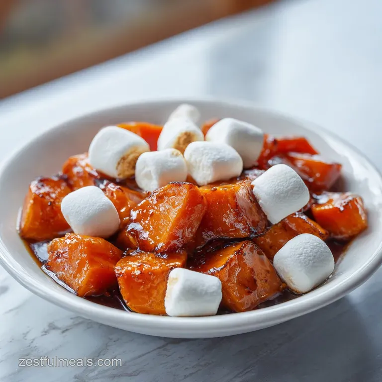Individual serving of sweet yams, topped with torched marshmallows; slight char visible, plated with fresh rosemary garnish.