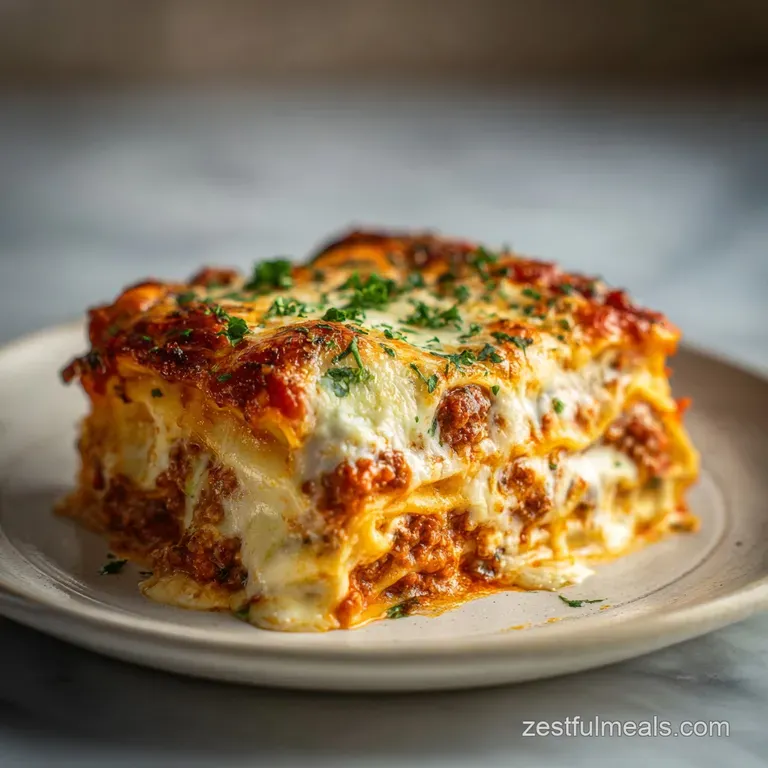 Elegant lasagna slice, showing layers of meat, cheese, and pasta, with a garnish of fresh herbs on a white plate. Textural...