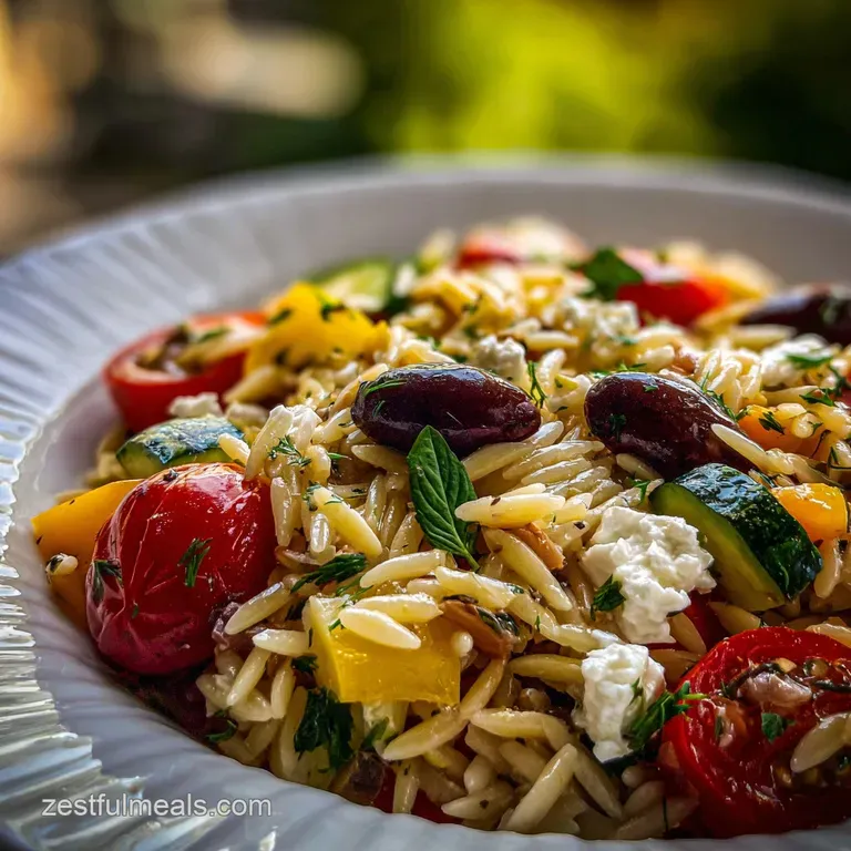 A vibrant serving of orzo salad in a white bowl, garnished with lemon wedge and parsley. Bright, colorful, and inviting pr...