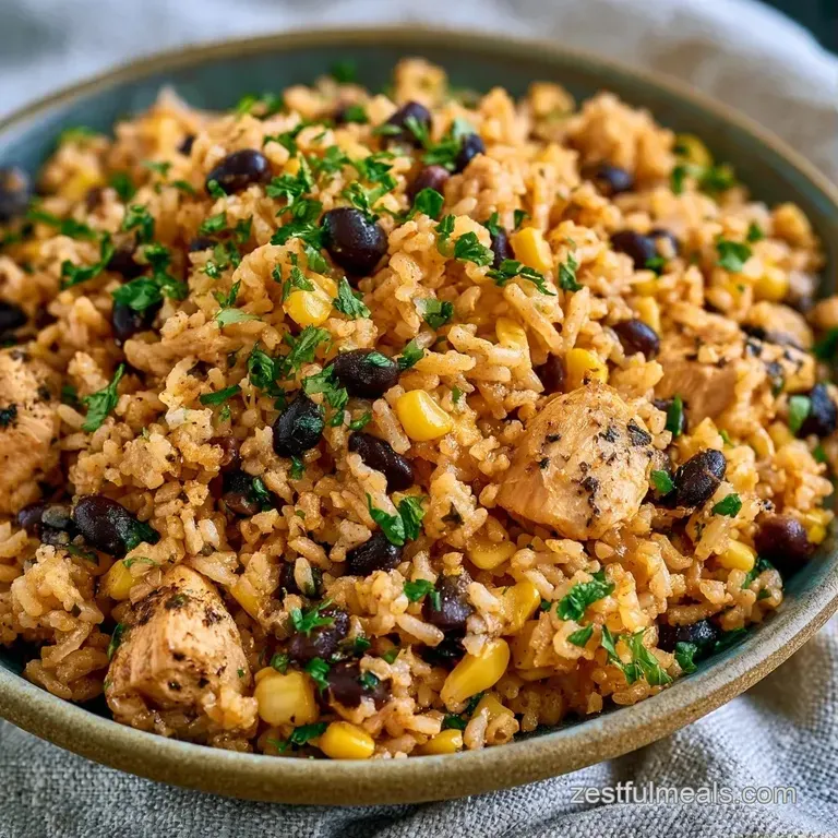 A scoop of cheesy rice and tender chicken topped with fresh cilantro and lime wedges on a white ceramic plate.