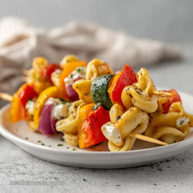 A vibrant skewer of tortellini, tomatoes, and basil artfully arranged on a white plate.