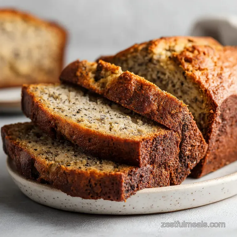 A warm slice of banana bread, glistening with butter, sits beside a steaming mug of coffee.