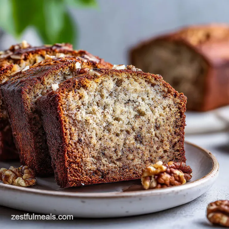 Slices of moist banana bread on a plate, glistening with butter, alongside a steaming mug. Warm, inviting, and homey.