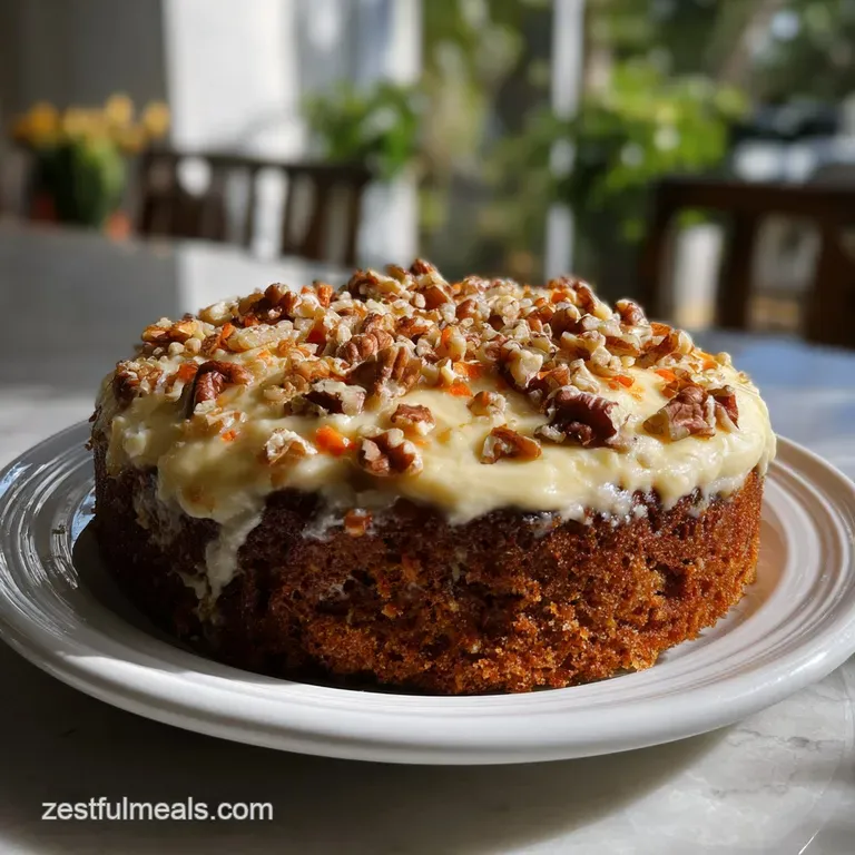Single slice of cake, pristine white frosting contrasted by vibrant carrot flecks, garnished with a candied walnut.