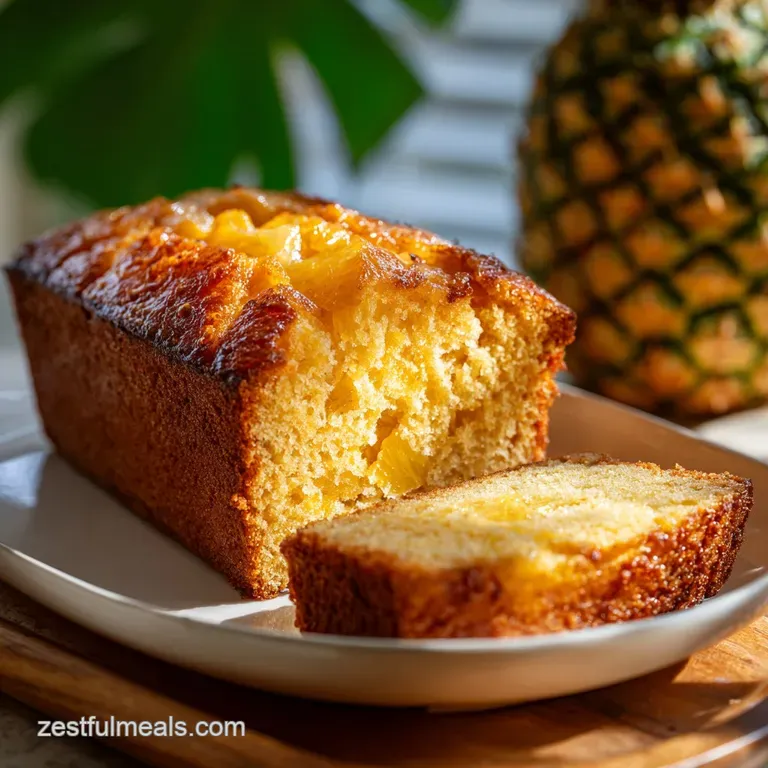 A slice of warm pineapple bread, topped with a dollop of creamy frosting and a dusting of powdered sugar.